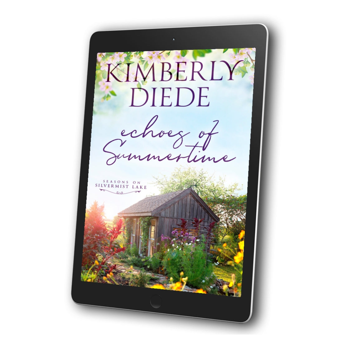 Ebook cover of 'Echoes of Summertime' by Kimberly Diede displayed on a tablet.