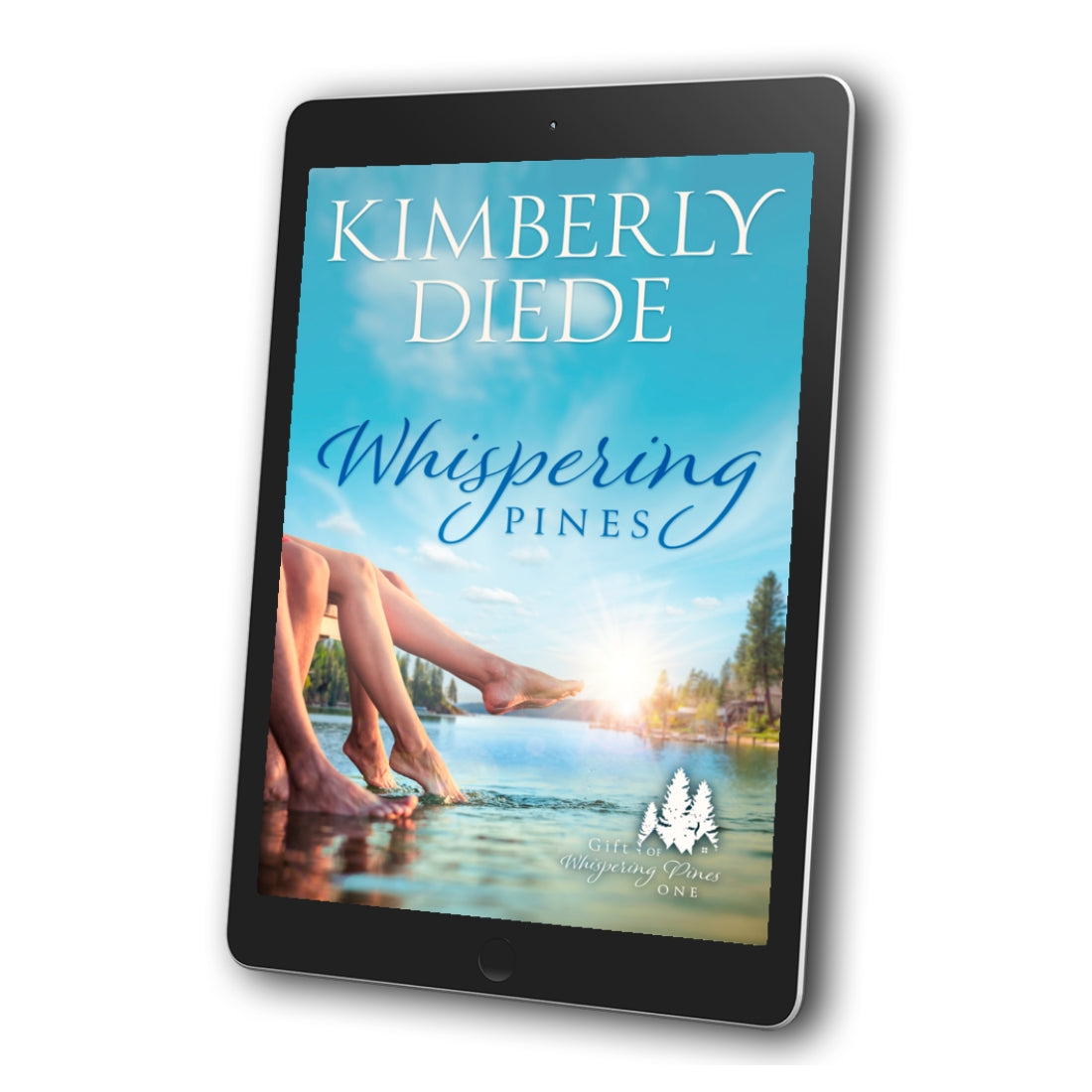 Tablet displaying the book cover of 'Whispering Pines' by Kimberly Diede on a white background