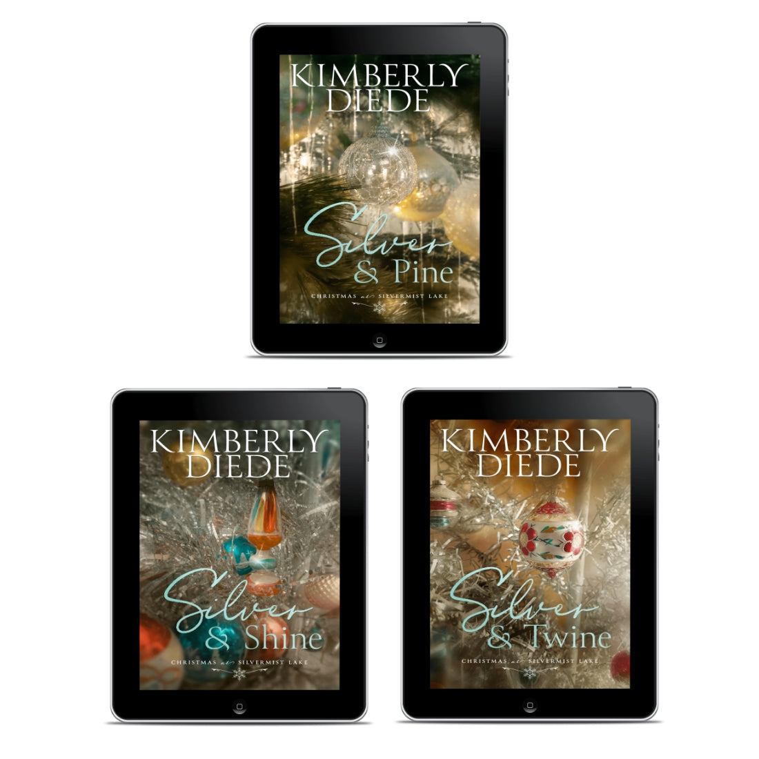 Christmas at Silvermist Lake: Silver Edition ebook bundle by Kimberly Diede, showing Silver & Pine, Silver & Shine, and Silver & Twine on three tablets.