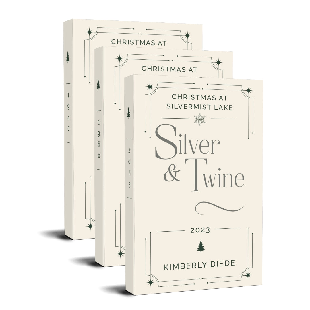 Christmas at Silvermist Lake: Silver Edition hardcover set by Kimberly Diede, showing three ivory books with green decorative borders and story years on the spines.