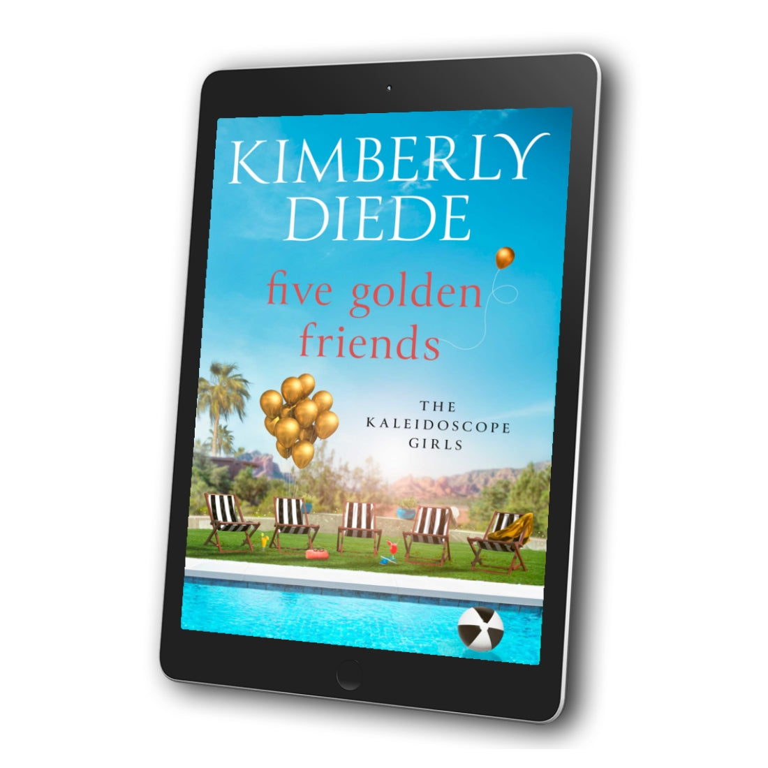 Tablet displaying the book cover of 'Five Golden Friends' by Kimberly Diede on a white background