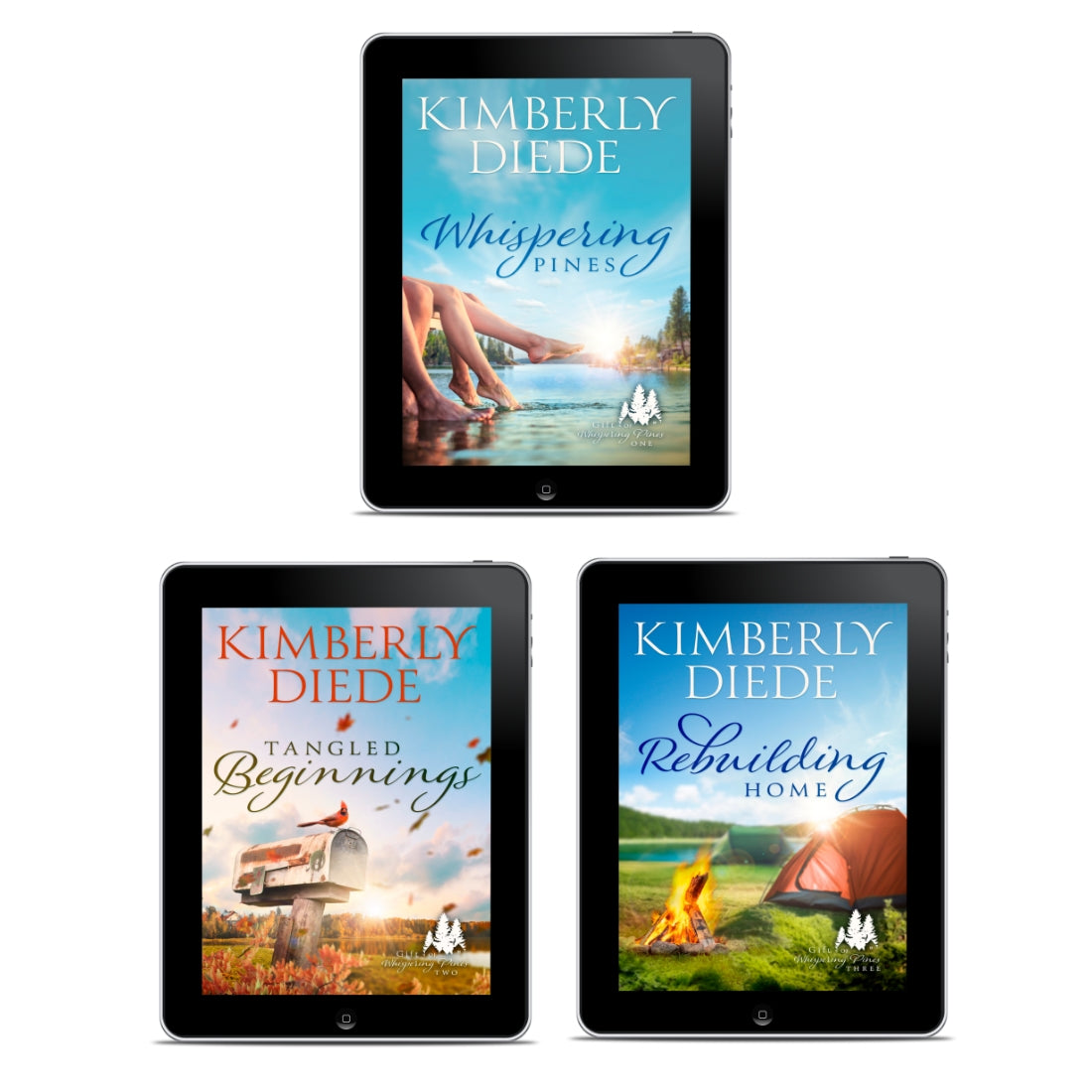 Three black tablet devices arranged on a white background, each displaying a women's fiction novel cover by Kimberly Diede: Whispering Pines, Tangled Beginnings, and Rebuilding Home.