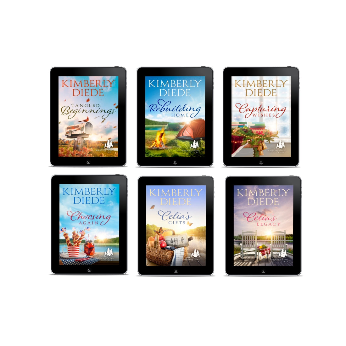 Covers of Books 2 through 7 in the Gift of Whispering Pines women's fiction series by Kimberly Diede