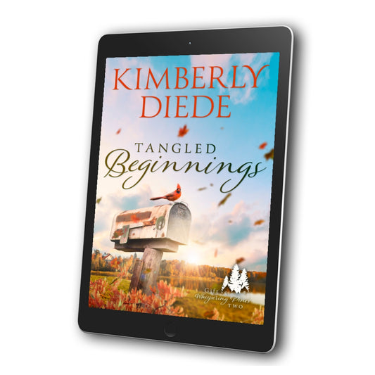 Ebook cover of 'Tangled Beginnings' by Kimberly Diede on a tablet screen.
