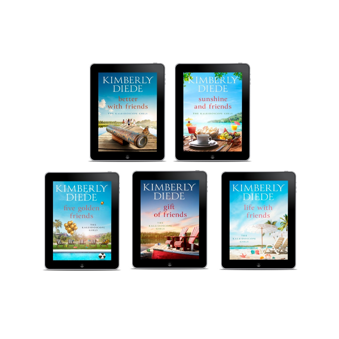 Covers of five novels in the complete The Kaleidoscope Girls women's friendship series by Kimberly Diede.