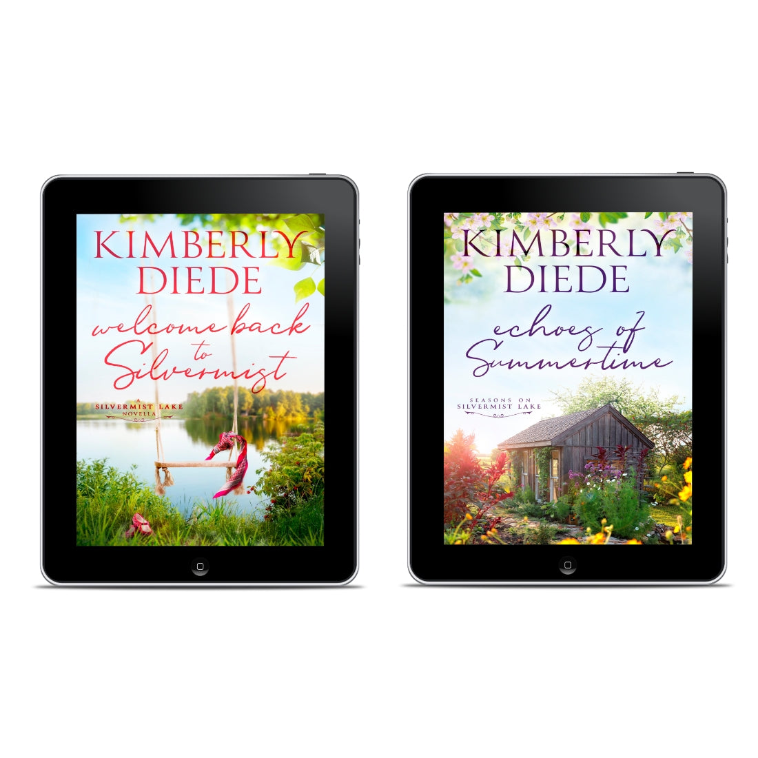 Two tablets displaying covers of Welcome Back to Silvermist ebook and Echoes of Summertime ebook by Kimberly Diede